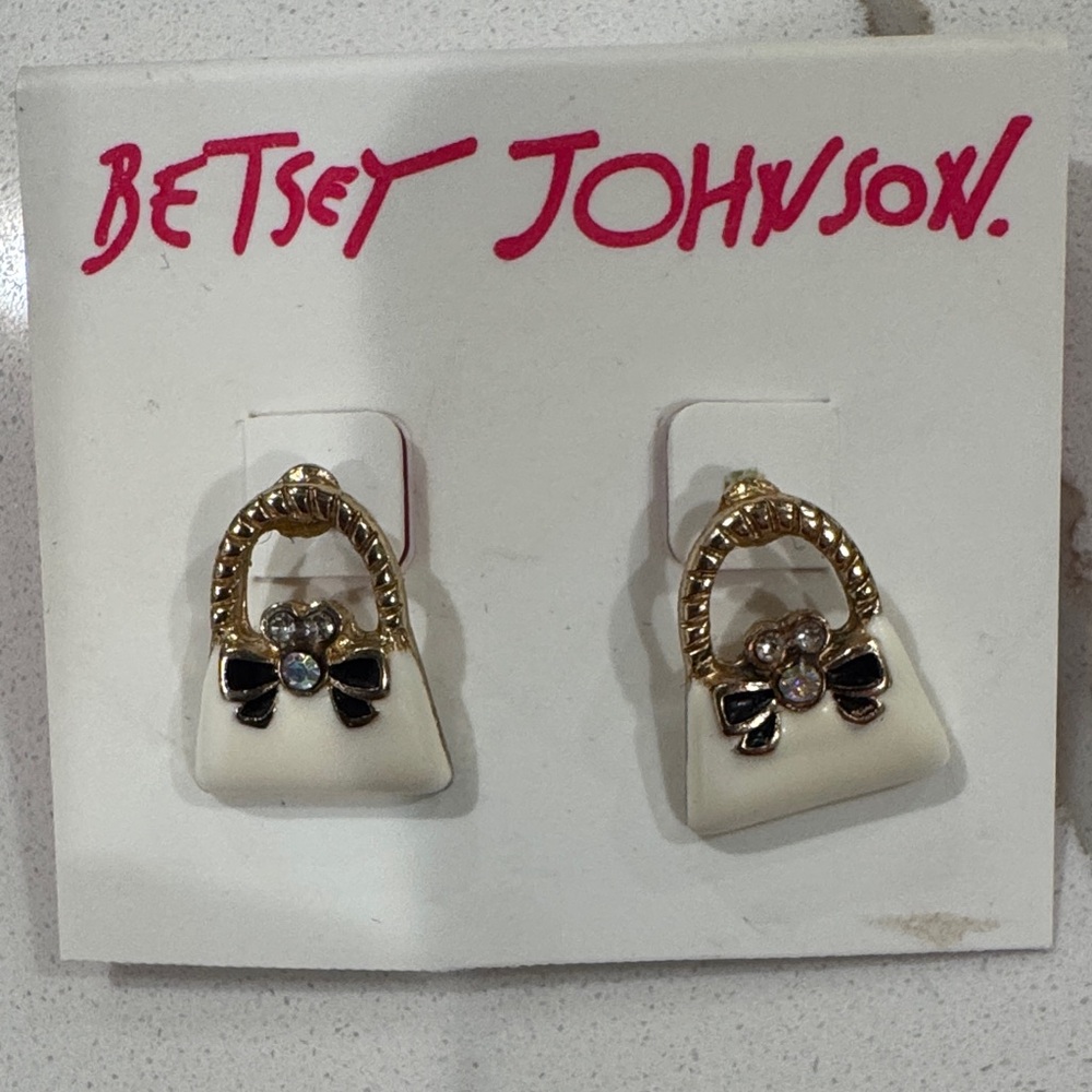 Betsey Johnson White and Gold Handbag Earrings with Black Bow